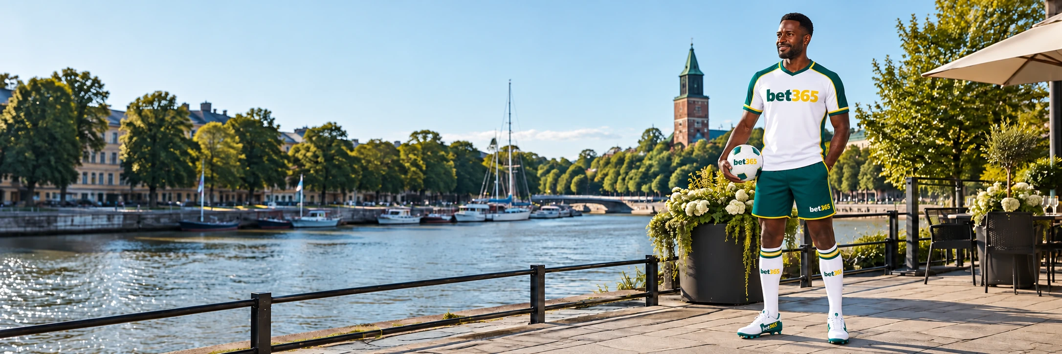 Football player beside the Turku waterfront wearing bet365 branding