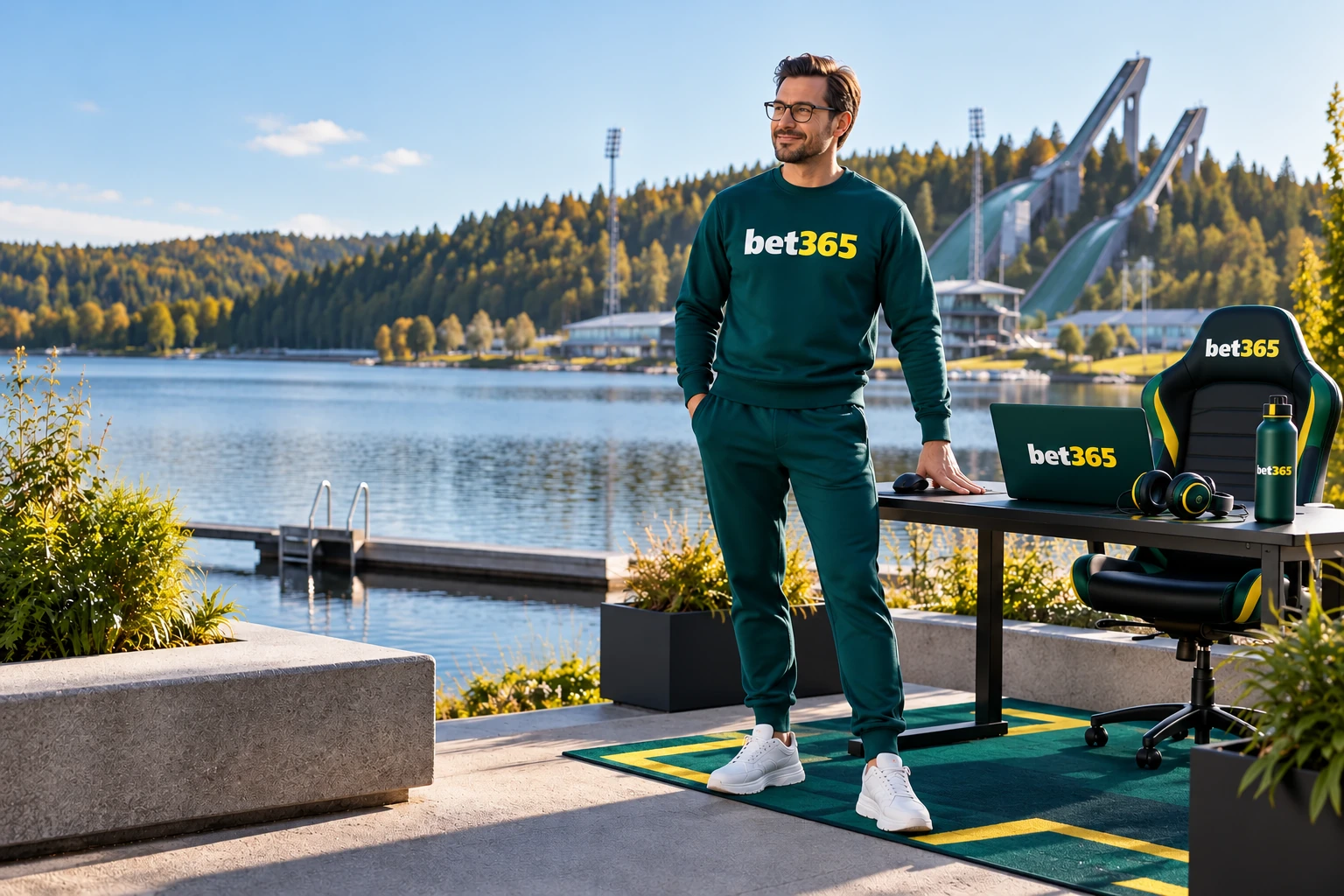 Esports player beside a gaming desk wearing bet365 branding