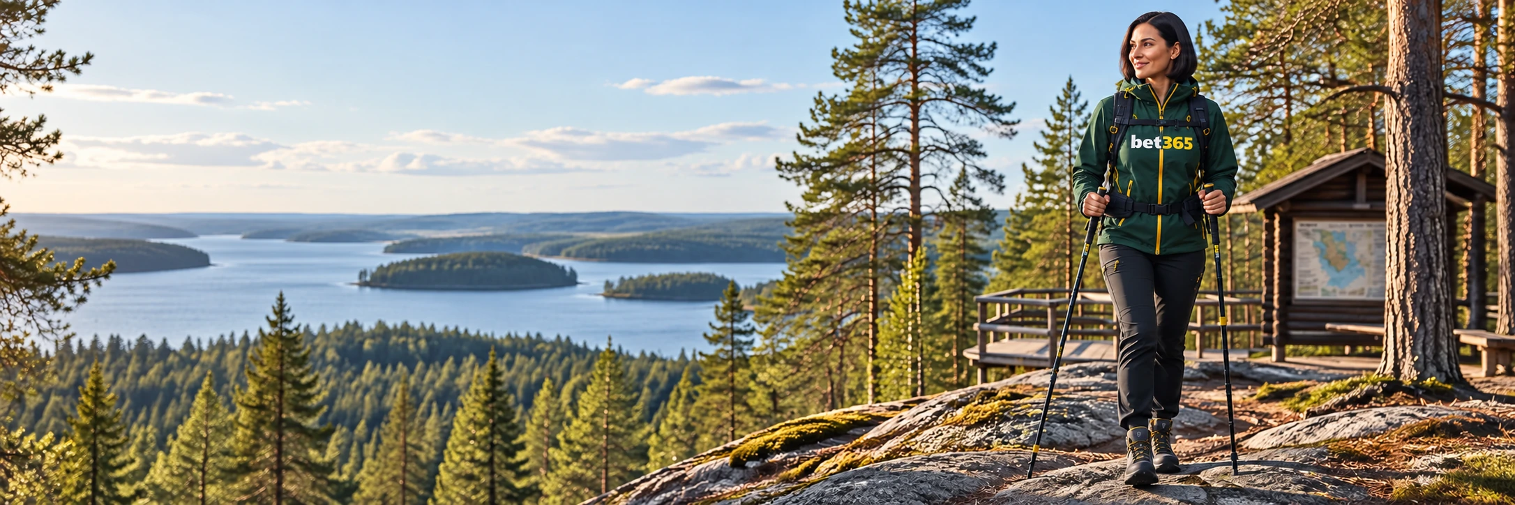 Hiker beside a Finnish lake wearing bet365 branding