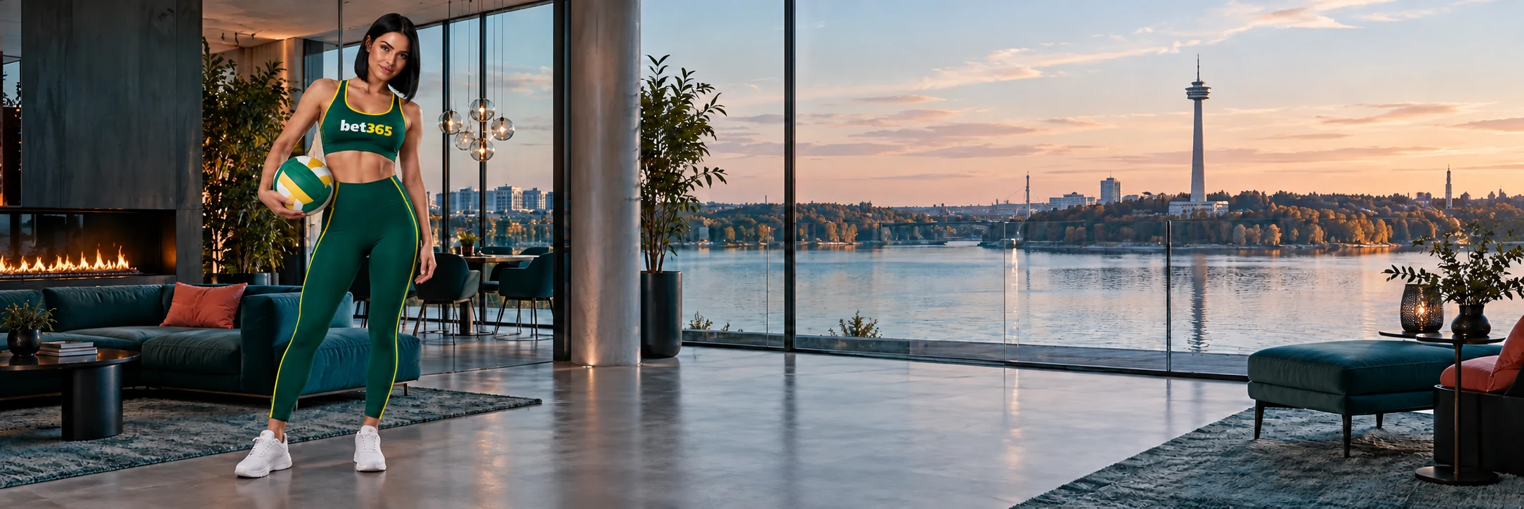 Volleyball player in a lakeside lounge wearing bet365 branding