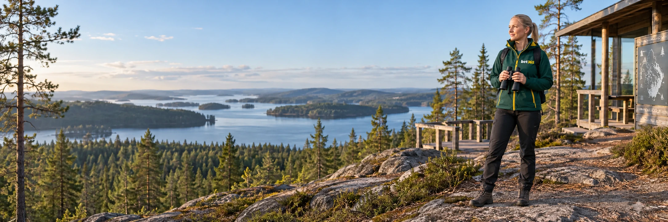 Hiker overlooking a Finnish lake wearing bet365 branding