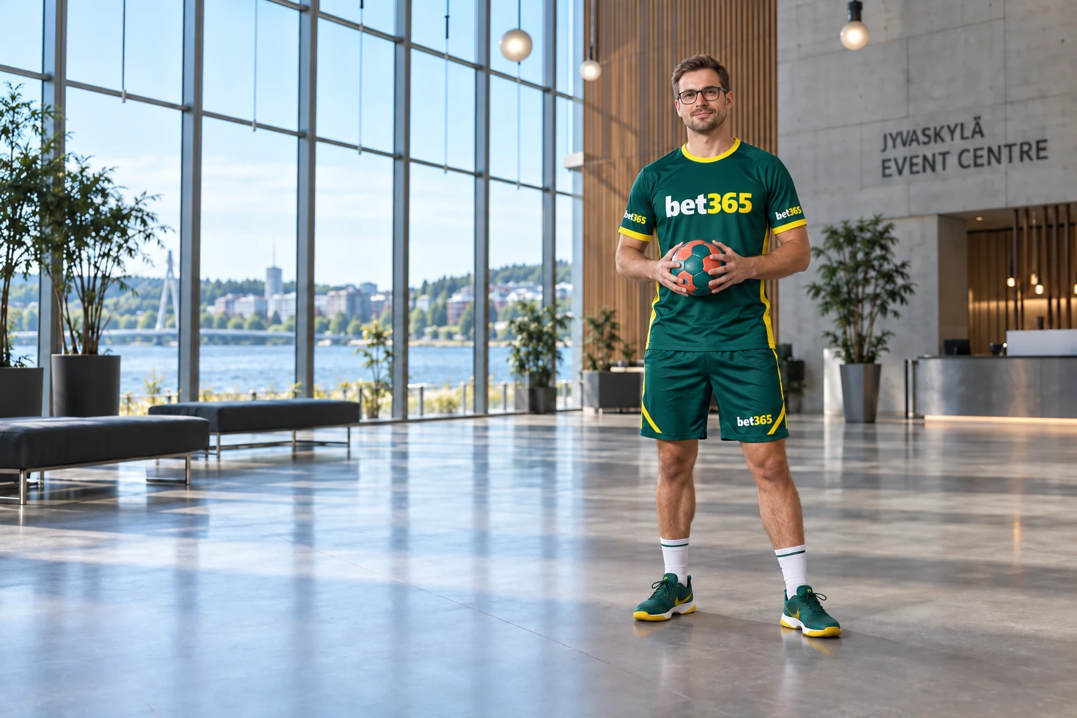 Handball player on an indoor court wearing bet365 branding