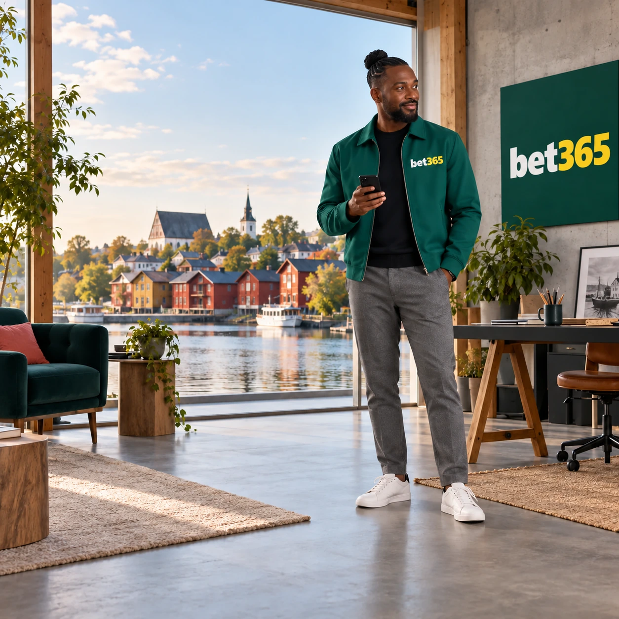 bet365 visitor with a phone in a riverside lounge
