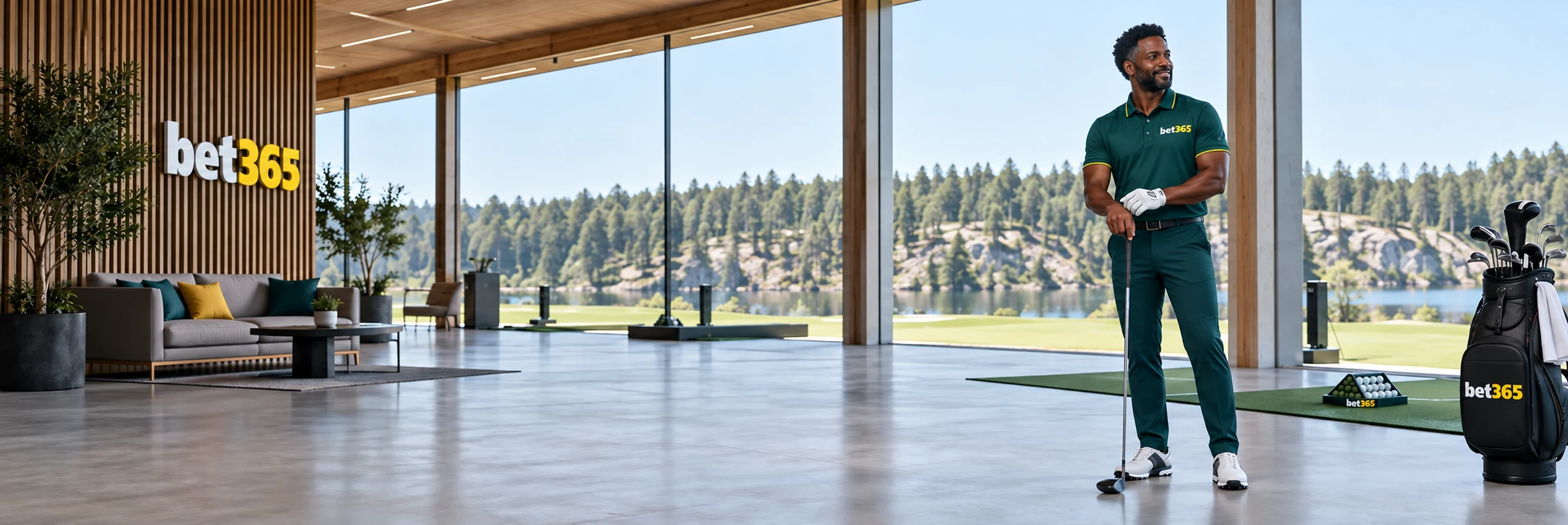 Golfer in a Finnish practice studio wearing bet365 branding