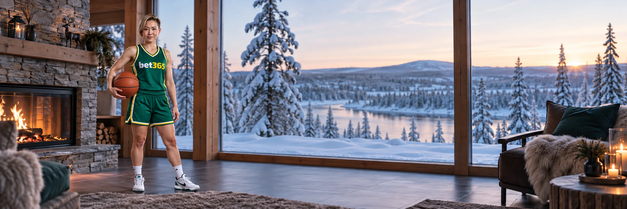 Basketball player in a winter lodge wearing bet365 branding