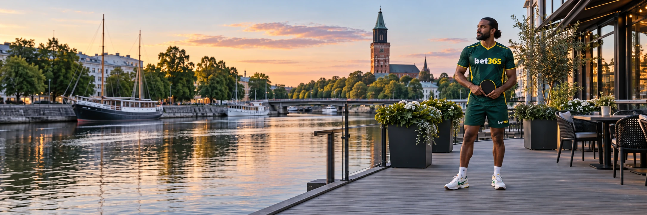 Football player beside the Turku waterfront wearing bet365 branding