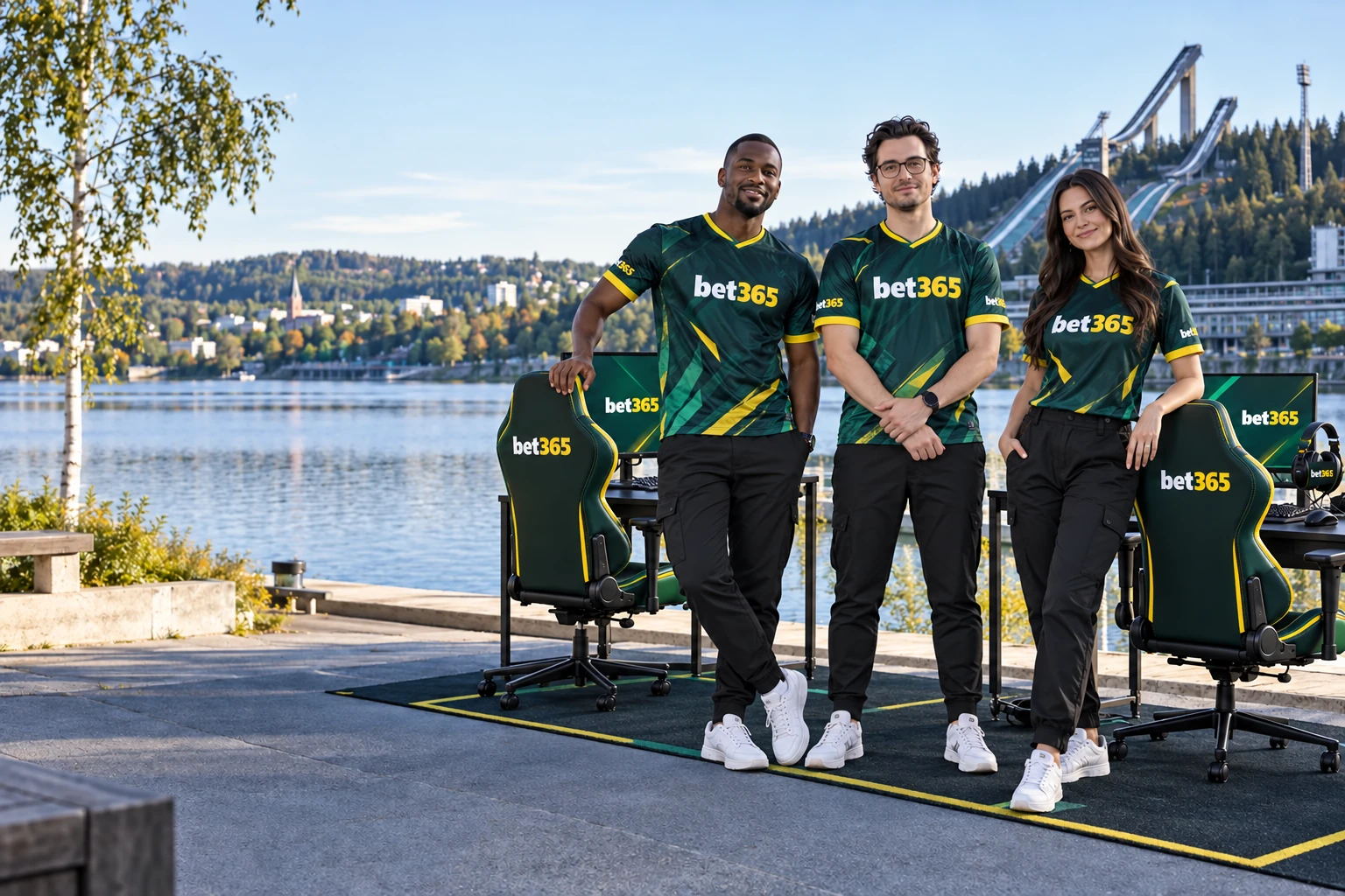 Esports team at a Finnish waterfront wearing bet365 branding
