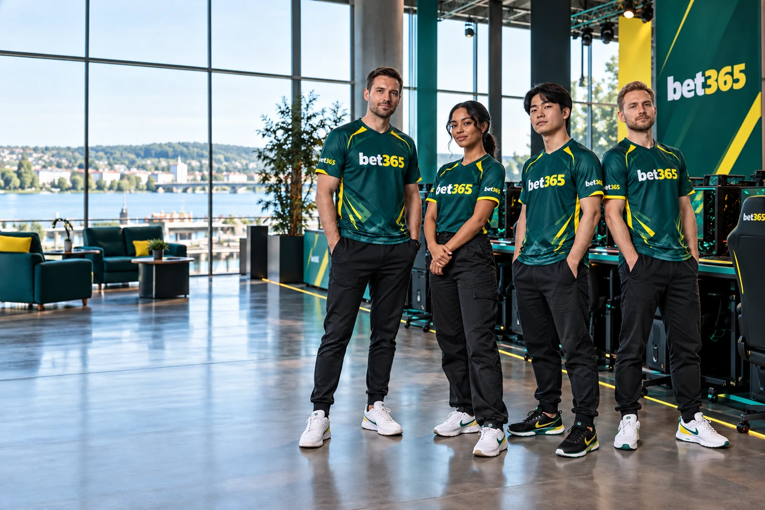 Esports team beside gaming stations wearing bet365 branding