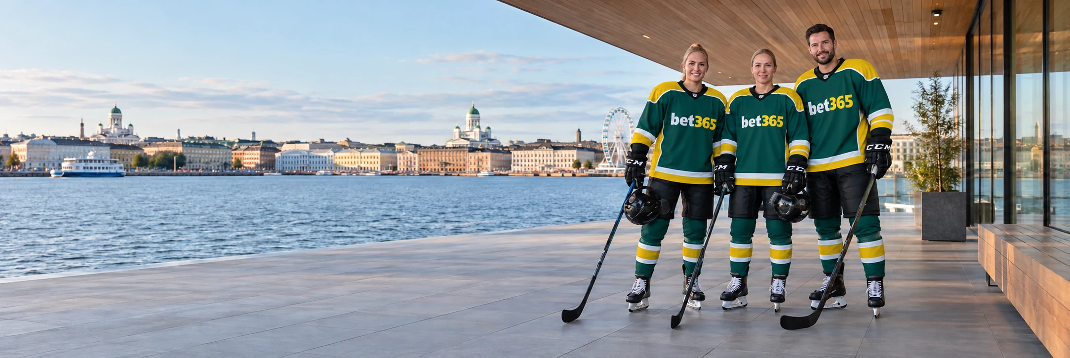 Ice hockey team on the Helsinki waterfront wearing bet365 branding
