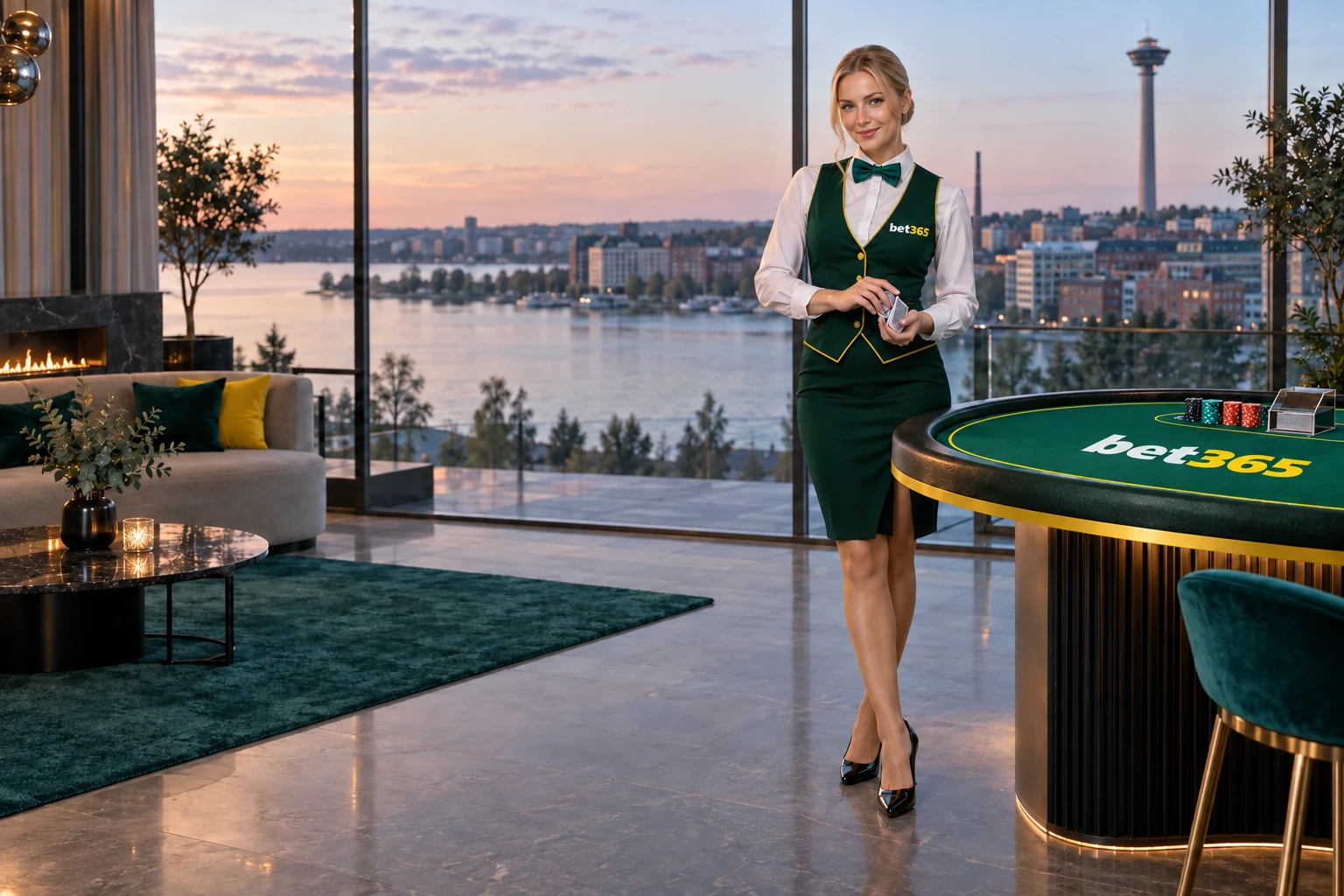 bet365 elegant casino dealer with a deck of playing cards in Finland