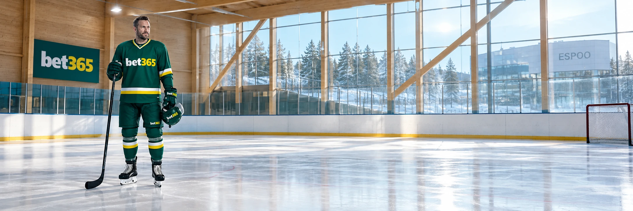 bet365 ice hockey athlete holding stick and helmet in Finland