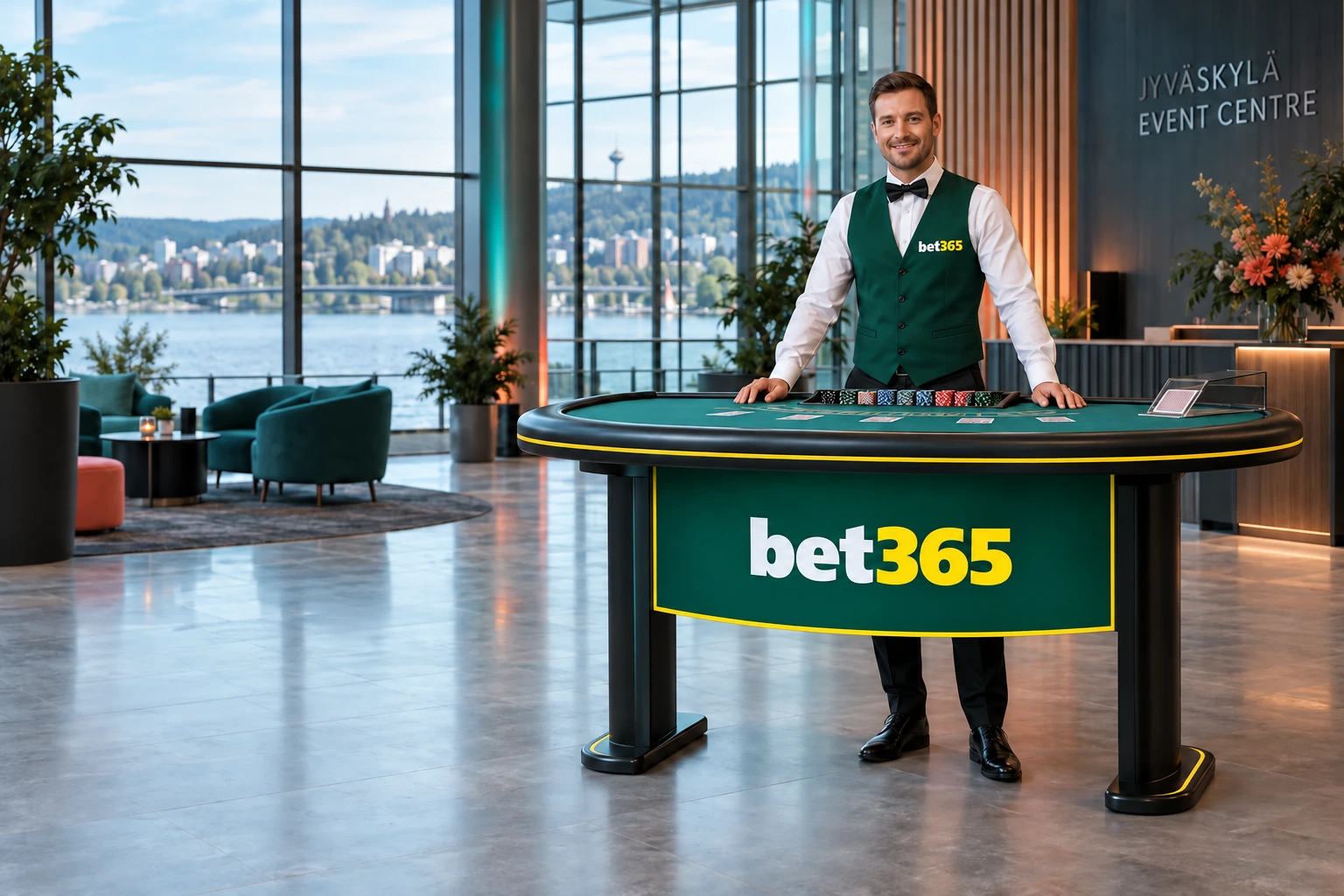 bet365 elegant casino dealer behind a low card table in Finland