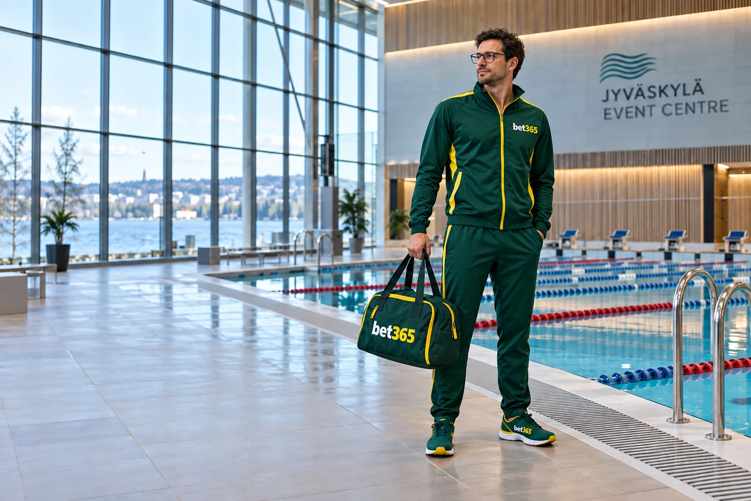 bet365 adult competitive swimmer on pool deck in sports jacket in Finland