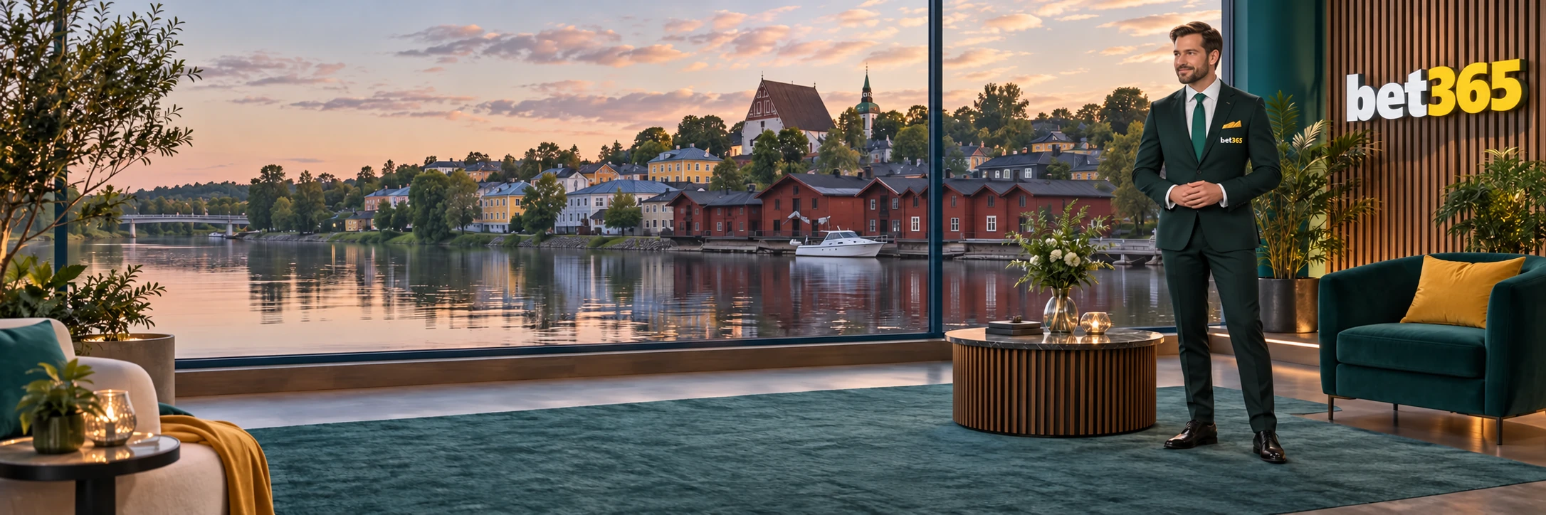 bet365 elegant live game show host beside low table in Finland